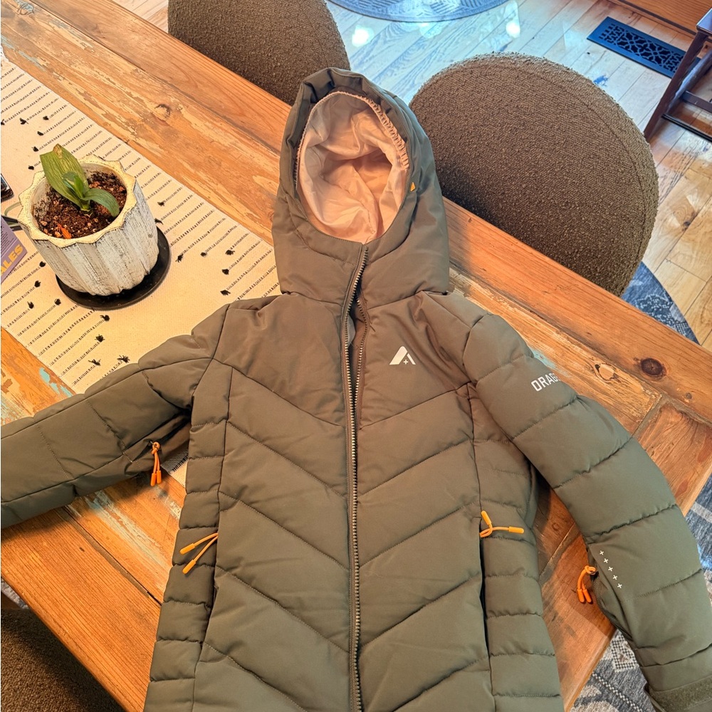 Orage Kids Olive Green Hooded Puffer Jacket with Orange Accents